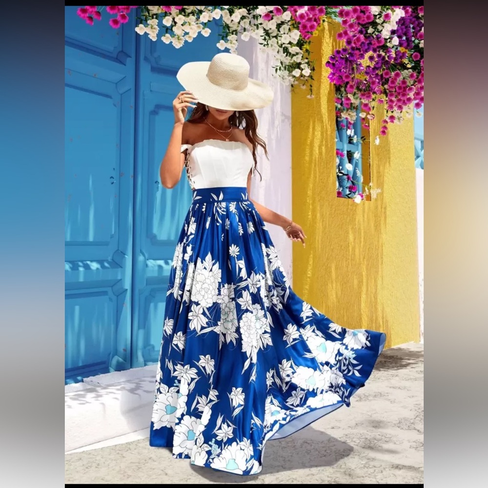 Royal Blue & white Floral Women's maxi flared Skirt